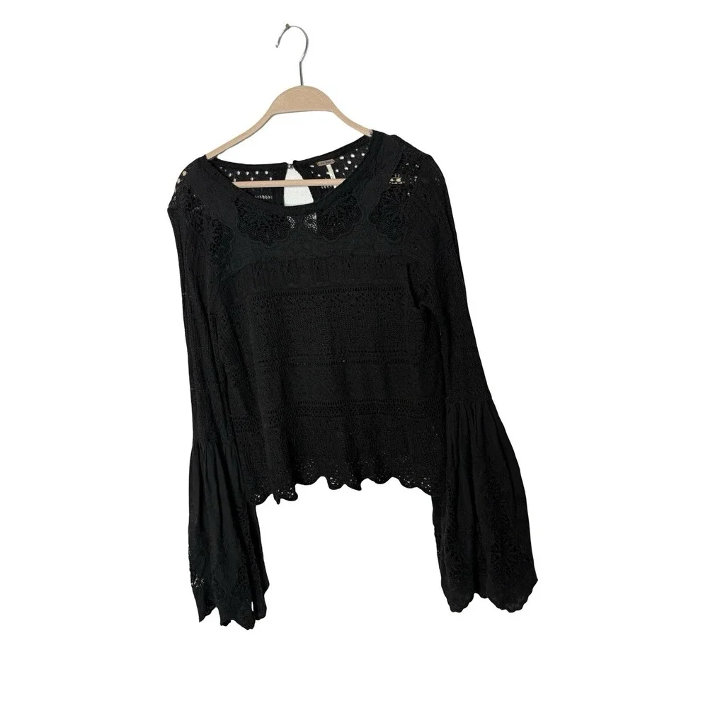 Free People Once Upon A Time Lace Bell Sleeves Top Black Small.